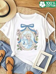 Disney Licensed Women'S 100% Pure Short-Sleeve Round-Neck Casual T-Shirt Featuring A Print Of Princess Elsa From Frozen. This Stylish Round-Neck T-Shirt Is Perfect For Running In Spring And SummerUnisex, Couple Shirts, Excellent Gifts. Unisex, Couple Shirts, Excellent Gifts. - White - View 6