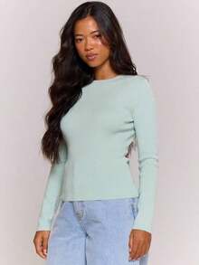 Top de cuello redondo de manga larga tejido, casual, para vacaciones, aeropuerto, días festivos, otoño, regreso a la escuela, elegante, primavera, verano - verde menta - Ver 12