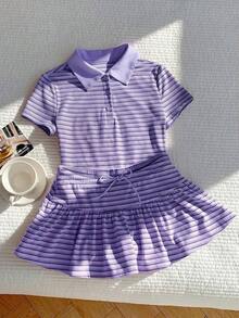 Conjunto de 2 piezas de camiseta de manga corta a rayas y minifalda casual de verano para mujer - Multicolor 2 - Ver 8