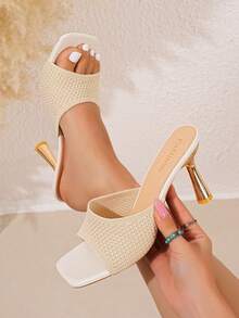 New Knit Hollow Square Toe Mule High Heel Sandals - Beige - View 3