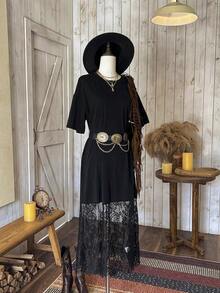 MEXWildy Vestido casual de cuello redondo de manga corta, unicolor, holgado, con encaje, adecuado para salidas y atuendo de aeropuerto, vestido de dinero viejo, vestido para salir, atuendo de maestra, vestidos elegantes para mujeresMEX BCNU - Negro - Ver 3