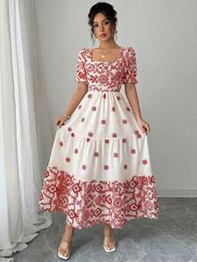 fsvsElenzga Vestido de mujer de corta manga con cuello cuadrado, cintura entallada y línea A, elegante para vacaciones, uso casual y diariosdvs AT2L - Rojo - Ver 6