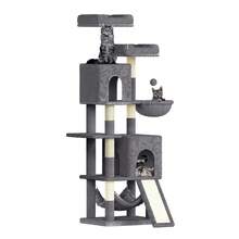 DOGAT Tiragraffi Premium da 158 cm con 2 tane per gatti, amache, rampa di arrampicata e 7 pali in sisal – Robusto albero da arrampicata con giocattoli per gattini e gatti adulti, robusto mobile per gatti - Grigio Scuro - Visualizzare 1