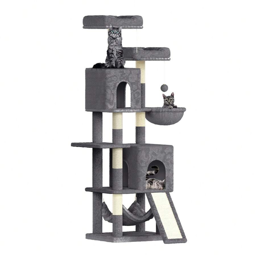 DOGAT Tiragraffi Premium da 158 cm con 2 tane per gatti, amache, rampa di arrampicata e 7 pali in sisal – Robusto albero da arrampicata con giocattoli per gattini e gatti adulti, robusto mobile per gatti - Grigio Scuro - Visualizzare 1