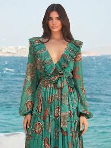 Faeriesty Elegant And Charming Women's Long Chiffon Dress With Zipper Detail And Ruffle V-Neck, Perfect For Parties Wedding Party - Green - View 4
