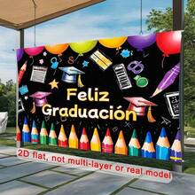 2D Flat Graduation Party Banner - Colorful Background, Featuring Graduates, Balloons, And Colorful Paper, Perfect For Home, Room, And Wall Decoration, And Also An Excellent Prop For Graduation Photos. Available In Various Styles And Sizes. - 5 - View 5
