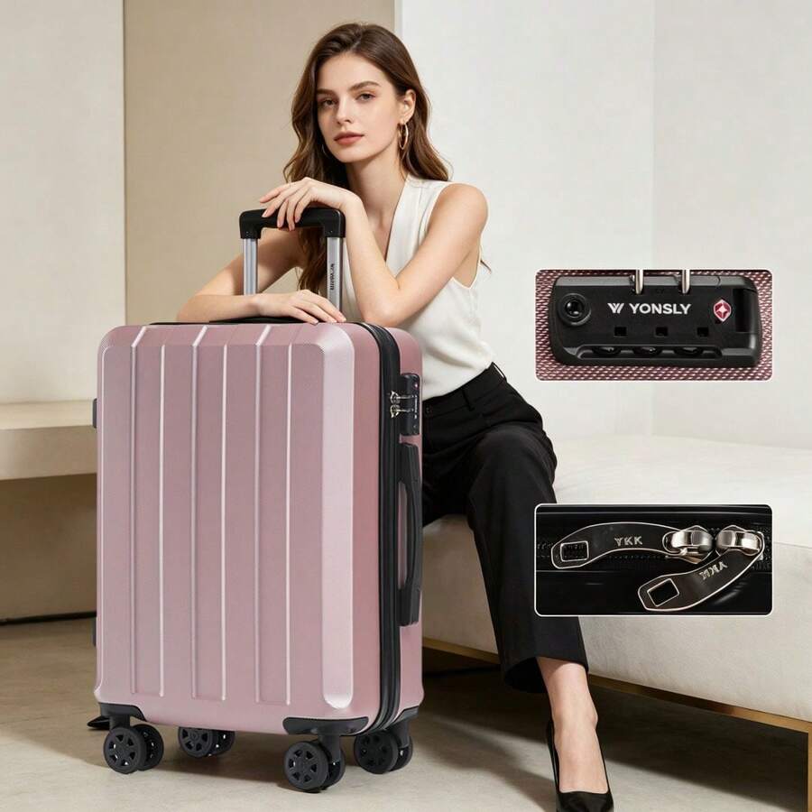 YONSLY Suitcase 20/24/28 Inch With YKK Zipper, TSA Lock, 4 Quiet Wheels, 360° Mesh Compartment, Hard Shell Suitcase, Large Trolley Suitcase, Carry-On Luggage For Holidays, Short Trips And Business Trips - 玫瑰金 - 查看 1