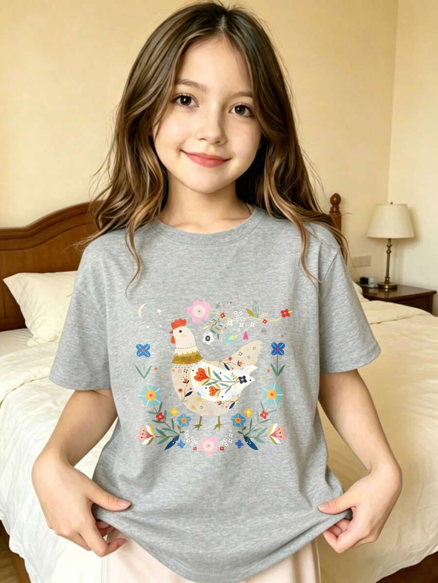 Bird And Flower Circle Pattern Design T-Shirt For Girls - 灰色 - 查看 1