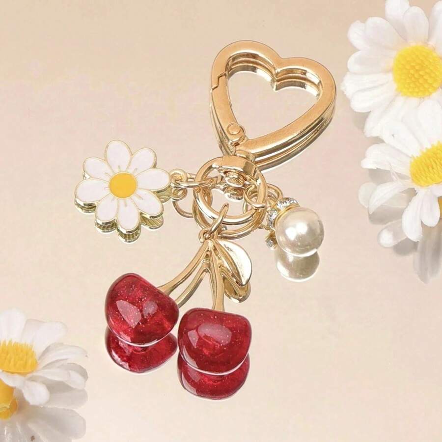 1pc Unisex Crystal Big Cherry Keychain, Flower Pendant Fashion Cherry Bag Charm, Couples & Best Friends Gift - Multicolor - View 1