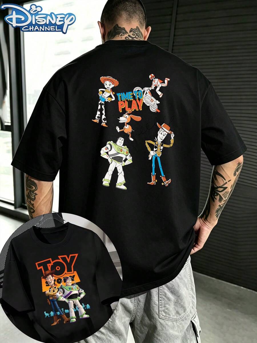 Disney Toy Story Joint Kids T-Shirt Summer Bath Light Year Woody Printed Short Sleeve Shirt, Cool Toy Story Front And Back Printed Pattern - Double-Sided Printed Design T-Shirt, Men's Summer Short Sleeve Shirt, High-Quality 100% Cotton Short Sleeve Shirt, Relaxed And Breathable Casual Short Sleeve Pack, Universal For Men And Women, Disney Fan Must-Have, Disneyland Travel Clothing, Couples, Leisure Everyday Wear, Street Wear, Vacation Wear, Campus Wear - 黑色 - 查看 1