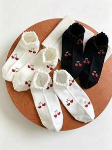 5 Pairs Women Cute Ruffle Cherry Ankle Socks, Soft Breathable Frilly Trim Low Cut Short Socks, Sweet Casual Daily Socks For Girls - Multicolor - View 3