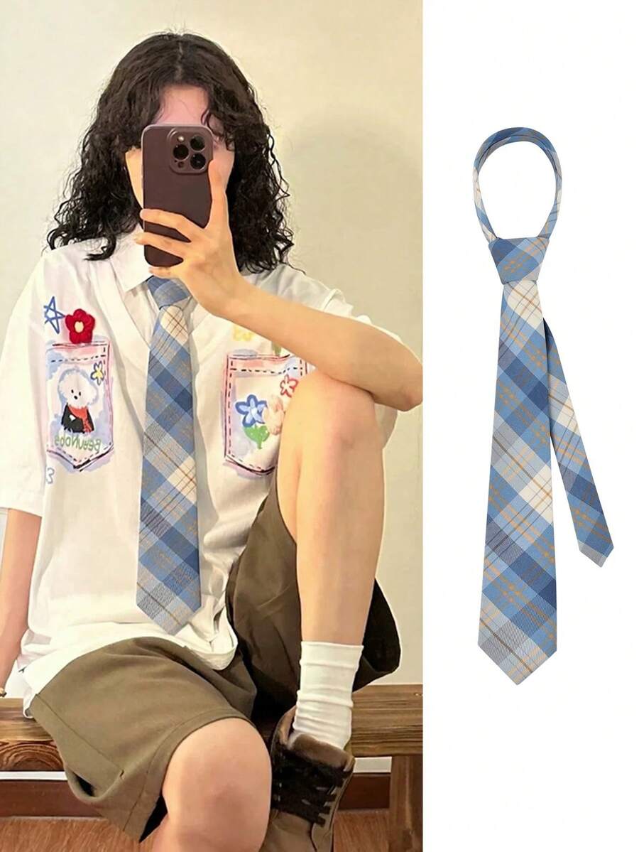 1条女士经典条纹JK制服领带，适合学生和青少年，英式格子图案，角色扮演派对领带配饰，适合搭配女士连衣裙和情人节装饰 - 藍白色 - 查看 1