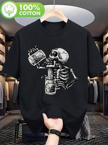 Men's Retro Skull Print T-Shirt - Casual Short Sleeve Cotton Summer Shirt - Comfortable Fit, Crew Neck, Machine Washable - Breathable For Outdoor Activities And Gym, Ideal For Workouts And Everyday Wear - Spring, Summer, And Autumn Essential - 黑色 - 查看 6