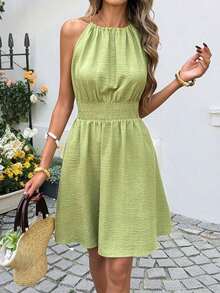 LUNE Vestido casual de mujer con textura de jacquard con cuello halter - Verde - Ver 8