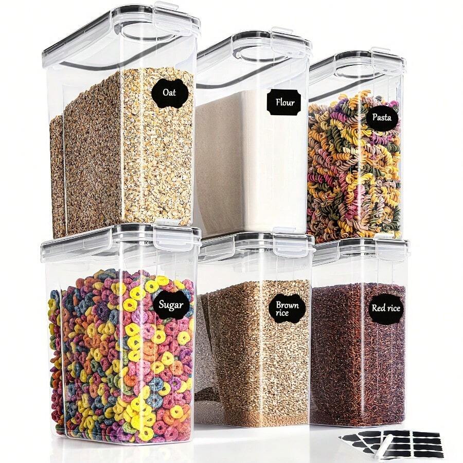 2,5 l schwarze 6-teilige luftdichte Aufbewahrungsboxen mit Deckeln für die Organisation  Aufbewahrung in der Speisekammer, Kunststoff-Glas-Set für Müsli, Nudeln, Mehl  Zucker – Löffelset, Etiketten  Stifte, lokales Lager - Übersicht 1