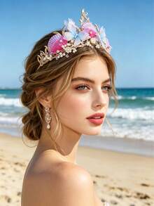 Vương miện vỏ sò nàng tiên cá mạ vàng, băng đô cài tóc cô dâu đính ngọc trai hình bướm xanh và vỏ sò hồng, vương miện tiên nữ biển cả kỳ ảo cho đám cưới, dạ hội, hóa trang Halloween và tiệc bãi biển. - Nhiều màu - Xem 3