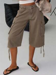Washed Denim Cargo Bermuda Shorts, Y2K Loose Wide Leg Jorts With Big Side Pockets  Drawstring Hem, Vintage Streetwear Utility Capri Pants For Women - 深棕色 - 查看 1