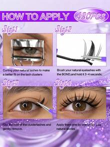 544/480/384PCS Manga Cluster Lash Set, Large Capacity Synthetic Lashes With 2-In-1 Lash Glue, Tweezers And Brush. Portable & Reusable, Easy To Apply For Natural Eye-Enlarging Makeup. Great For Daily Wear, Travel, Wedding, Date, Party And Festival. - Multicolor - View 10