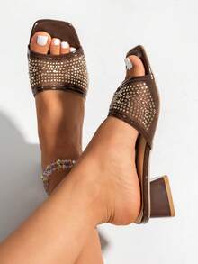 NANBEI ZUO Sandalias de tacón grueso con punta cuadrada y malla de strass para mujer, zapatillas de verano de tacón bajo con cierre deslizante en color marrón oscuro - marrón oscuro - Ver 9
