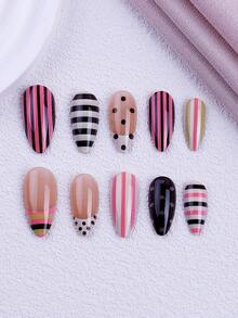 NAIO 30pcs/Set Press On Nails Almond Nail Tips, Y2K Baddie Style, Color Combinations Including Black, White, And Fuchsia; French Pointed Toe; Striped And Polka Dot Design.Suitable For Women And Girls, Party, Daily Wear, Comes With Tool Kit, Great Gift For Ladies Nails - Multicolor - View 3