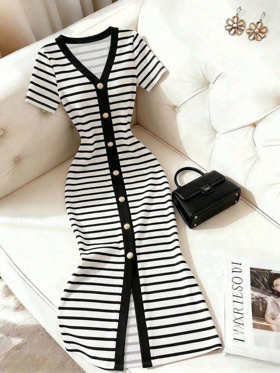 fsfvgsFranclia Vestido informal/de trabajo para mujer, estilo francés, con escote en V, ribete de rayas verticales, botones y abertura frontal en el dobladillo.sbfb s MJRG - Blanco y Negro - Ver 1