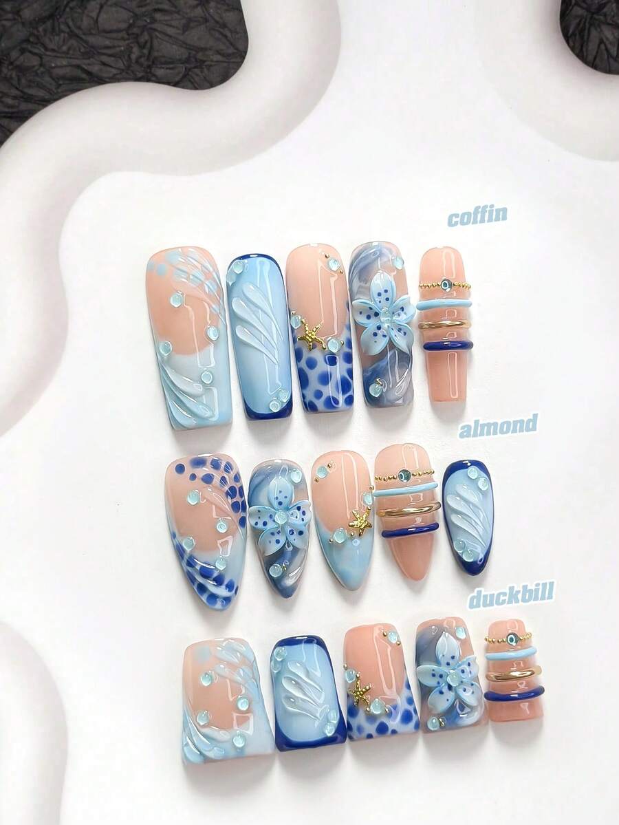 Bộ 10 móng tay giả nghệ thuật phong cách cổ tích đại dương làm thủ công, bộ móng Poly Gel, charm móng sao biển và hạt bong bóng xanh, hoa 5 cánh xanh chạm khắc tay, sơn móng xanh, phong cách lãng mạn tươi mới, kèm dụng cụ làm móng (1 miếng dán jelly + 1 dũa móng), 3 size, dáng hạnh nhân, dáng vịt, dáng quan tài, phù hợp đi tiệc, hằng ngày, sự kiện, chụp ảnh, đi làm mùa xuân/hè - Nhiều màu - Xem 1