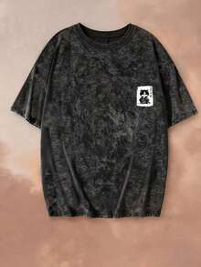 Short-Sleeved T-Shirt With Round Neck, Samurai Cat Print And Tie-Dye, Minimalist And Fashionable Style For Summer, Versatile And Elegant Blouse For Women In Black Unisex (Retro Style, Unisex, Casual Blouses For Women, Women's T-Shirts) - 黑色 - 查看 4
