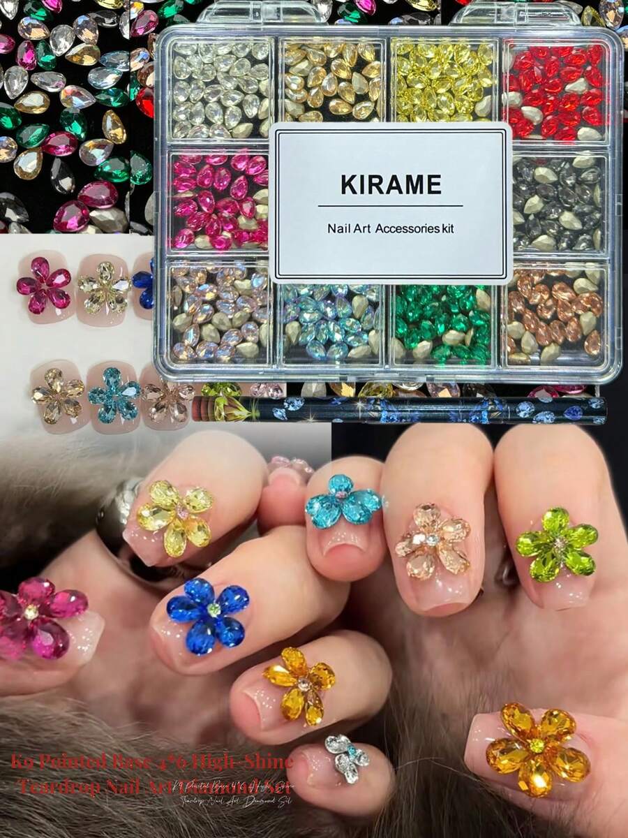 KIRAME 240pcs 4x6mm Strass en forme de larme pointu K9 super brillant de couleurs mélangées, comprend 1 pièce outil de pointillage, convient pour l'art des ongles DIY, salon de manucure, fournitures pour ongles, Noël, Nouvel An, Saint-Valentin, cadeaux de vacances