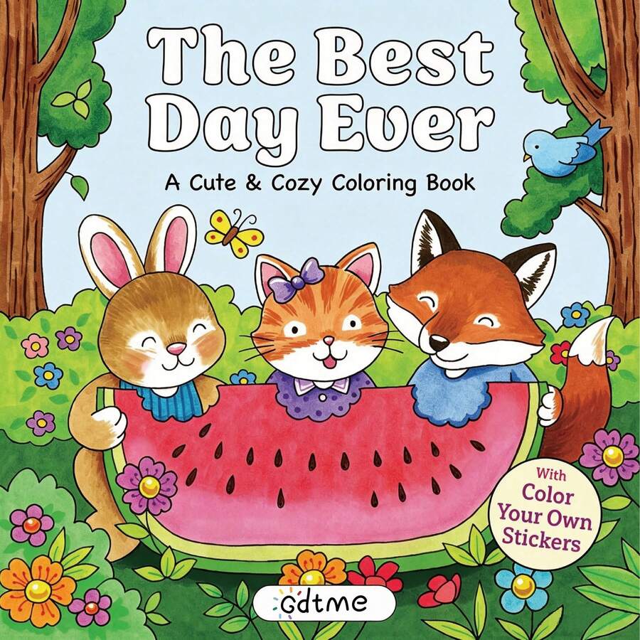 The Best Day Ever 可愛舒適著色本 | 卡哇伊森林兔子貓狐狸夏季場景,粗線條簡單兒童友善頁面,附贈DIY彩色貼紙,適合所有場合的家庭禮物 - 填色本 - 查看 1