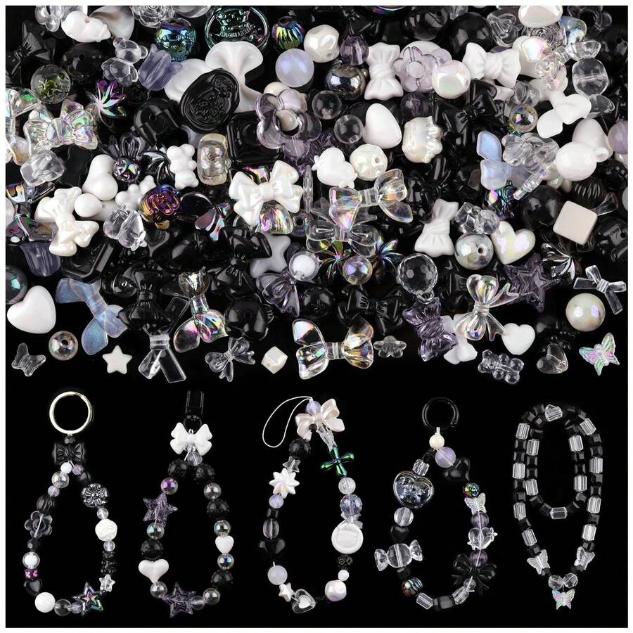 20/40g Acrylic Loose Beads Black & White Sweet Cool Style, Including Bows, Hearts, Flowers, Bears And Other Elements, Suitable For DIY Beaded Charms, Necklaces, Phone Chains, Bracelets, Keychains And Other Basic Accessories (Finished Products Not Included) - Multicolor - View 1