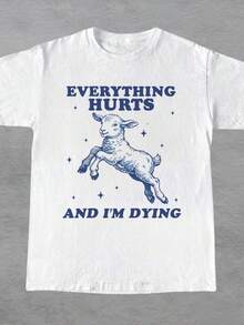 Everything Hurts And I'm Dying, Vintage T-Shirt, Adorable Lamb T-Shirt, Funny Sheep T-Shirt, Sarcastic Saying T-Shirt, Unisex Silly Humor T-Shirt - 白色 - 查看 1
