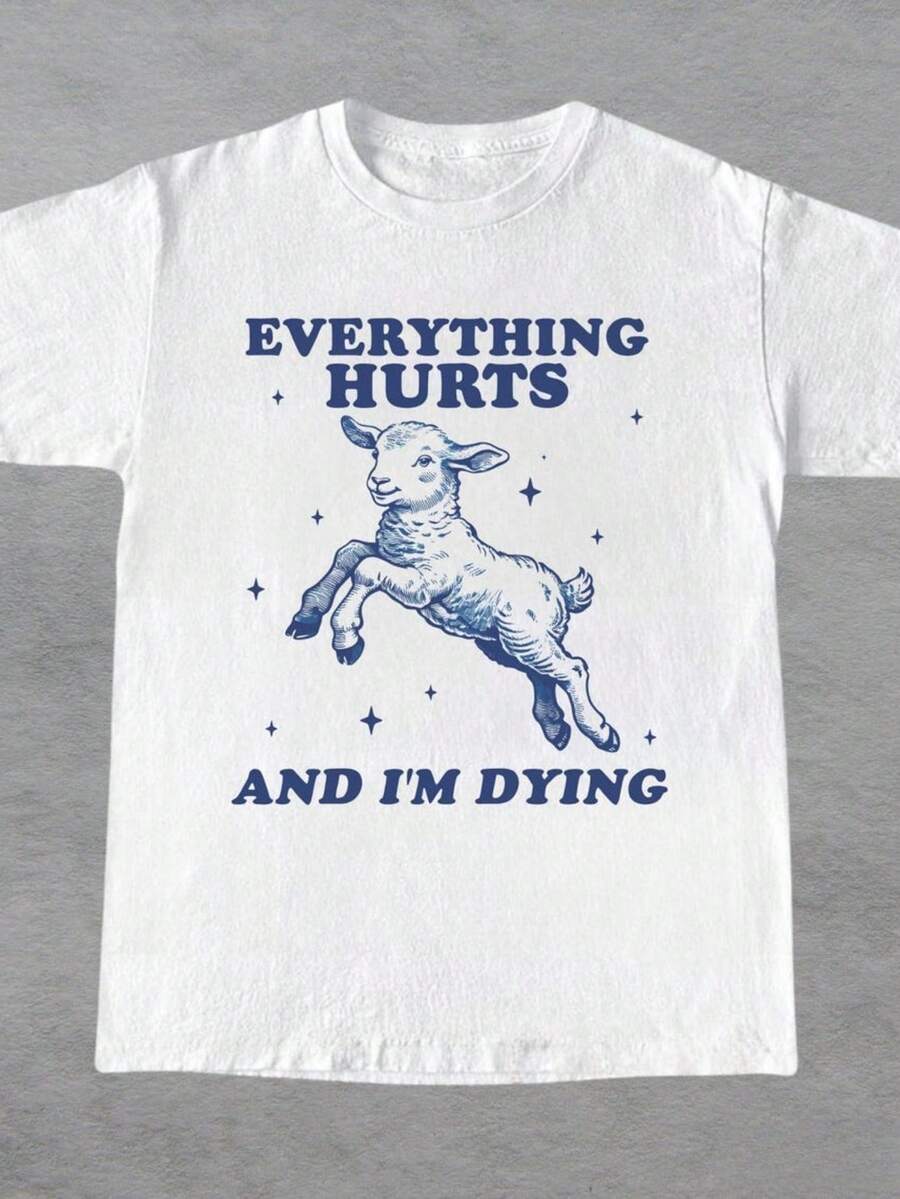 Everything Hurts And I'm Dying, Vintage T-Shirt, Adorable Lamb T-Shirt, Funny Sheep T-Shirt, Sarcastic Saying T-Shirt, Unisex Silly Humor T-Shirt - 白色 - 查看 1