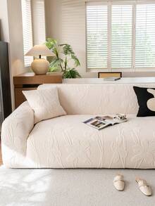 1pc Plush Velvet Sofa Cover, High Stretch Multi-Functional Full Coverage Sofa Slipcover, Geometric Pattern Design Thick Material, Protect Sofa Holiday Decor Sofa Cover, High Elasticity One-Piece Sofa Cover - Beige - View 3