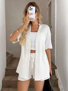 2026 Conjunto de kimono de algodón blanco con arrugas + shorts, conjunto casual de vacaciones para primavera/verano - Blanco - Ver 6