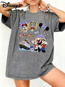 Disney Unisex TShirt Cruise Line Sailor Mickey & Minnie Graphic Washed TShirt For Women, 100% Cotton Oversized Vintage Short Sleeve Tee, Nautical Disney Vacation Themed Casual Top - Xám - Xem 1