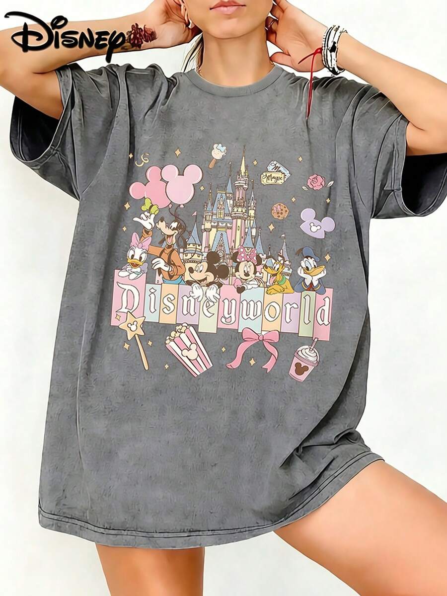 Camiseta unisex de Disney Mundo Colorido Letra Castillo Mickey Amigos Gráfico Lavado Camiseta para Mujeres, 100% Algodón Oversize Vintage de Manga Corta, Camiseta Casual con Tema de Parque Mágico de Disney - Gris - Ver 1