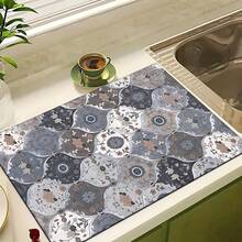 1 pieza Estera de secado de platos absorbente con patrón floral de diamante vintage, decoración del hogar, apta para máquina de espresso, fregadero, grifo, baño, accesorios de cocina - Multicolor - Ver 10