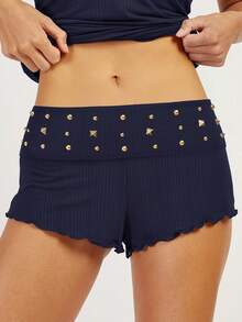 Women Ribbed Foldover Lounge Shorts Low Rise Fold Over Sleep Shorts Wide Waist Sexy Booty Pajama Bottoms - Blue - View 3