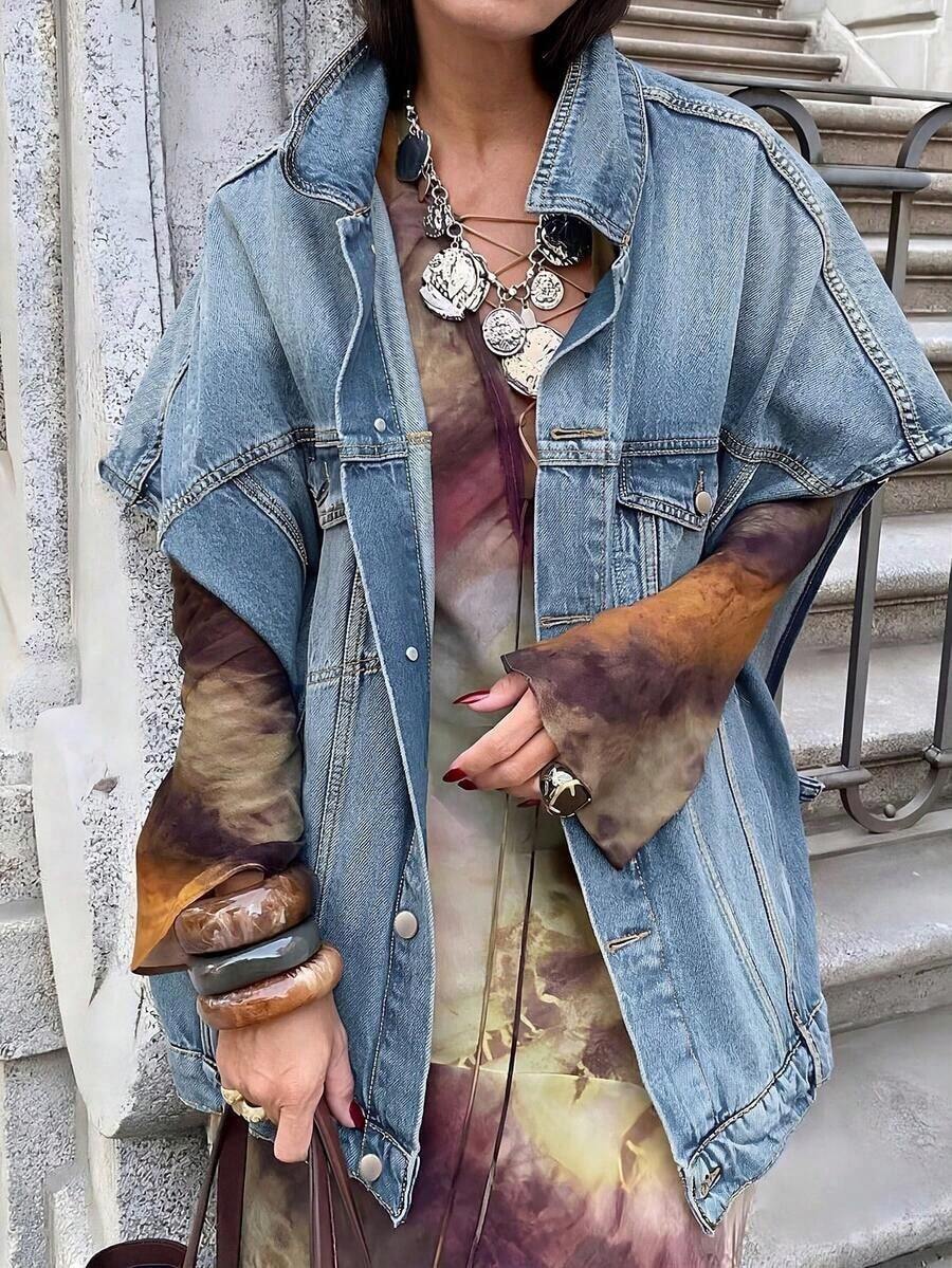 Chaqueta vaquera de cuello vuelto holgada y versátil, chaqueta vaquera de manga corta de diseño único para uso casual y de oficina en verano - Lavado ligero - Ver 1