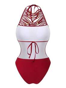 Chiccia Traje de baño de una pieza con cuello redondo, halter, unicolor, calado, decoración de cuentas metálicas y flecos, estilo festival bohemio - Champán - Ver 10