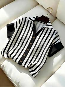 Elegant Commuter Style Striped Contrast Button Design Short Sleeve Blouse For Women, Spring/Summer - Black and White - View 2