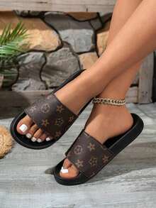 Fashionable Soft Comfortable Minimalist Versatile Chain Decor Women's Slide Sandals, Indoor/Outdoor Casual Flat Slippers - 棕色 3 - 查看 3