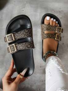Fashionable Soft Comfortable Minimalist Versatile Chain Decor Women's Slide Sandals, Indoor/Outdoor Casual Flat Slippers - 棕色 3 - 查看 11