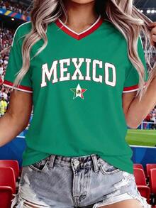 Women's Mexico Football Jersey With Heart Flag - Sporty Style Oversized Green  Y2K Football Motif V Neck Short Sleeve - 綠-5 - 查看 2