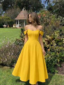 MOD Vestido sin mangas con patrón de espina de pescado negro vintage para mujer, adecuado para primavera/verano, vestido de noche, vestido formal, vestido de graduación, vestido negro - Amarillo - Ver 1