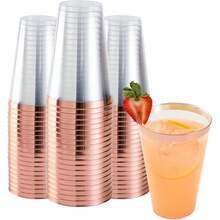 20 buah Gelas Plastik Bening dengan Pinggiran Emas Mawar, Gelas Plastik Aman untuk Makanan Dingin, Cocok untuk Pesta Ulang Tahun, Pesta Kolam Renang - Rose Gold - View 1