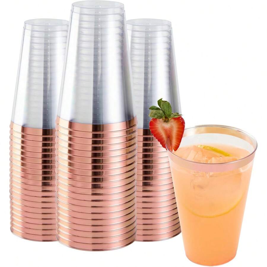 20pcs Clear Plastic Cups With Rose Gold Rim, Cold Food Friendly Plastic Glassware, Suitable For Birthday Party, Pool Party - Rose Gold - View 1