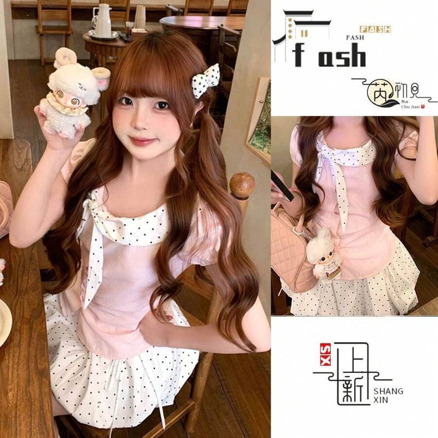 Women Long Dresses - Two-piece Set: Patchwork Short-sleeved Shirt + Polka Dot Skirt - View 1