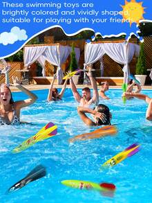 12pcs/Set Fun Cartoon Print Diving Rockets, Streamlined Glide & Sink Torpedoes, Pool Breath-Holding Training & Water Play Toys, Summer Water Fun Essentials! High Elasticity & Durable Diving Rockets, Pool Throwing Interactive Fun Toys - Multicolor - View 2