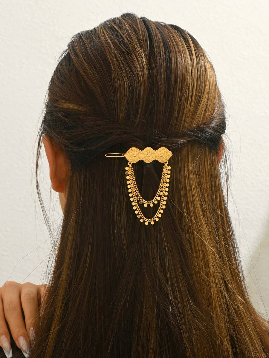 1 chiếc băng đô cài tóc nhiều lớp tua rua đính sequin hình hoa, mạ vàng kiểu Ả Rập, thích hợp cho nữ dự tiệc cưới, lễ hội hoặc các dịp đặc biệt. - Vàng - Xem 1